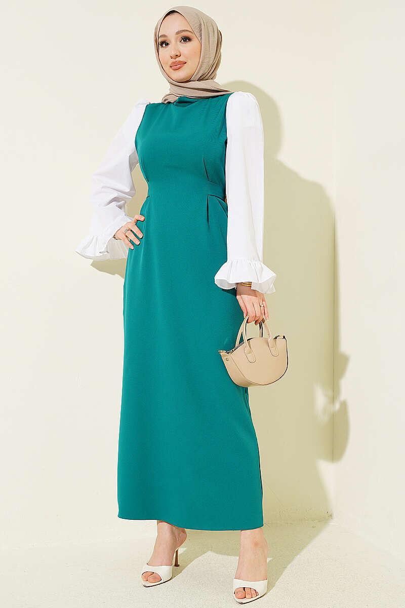 Tie-Waist Dress with Sleeve Trim - Green