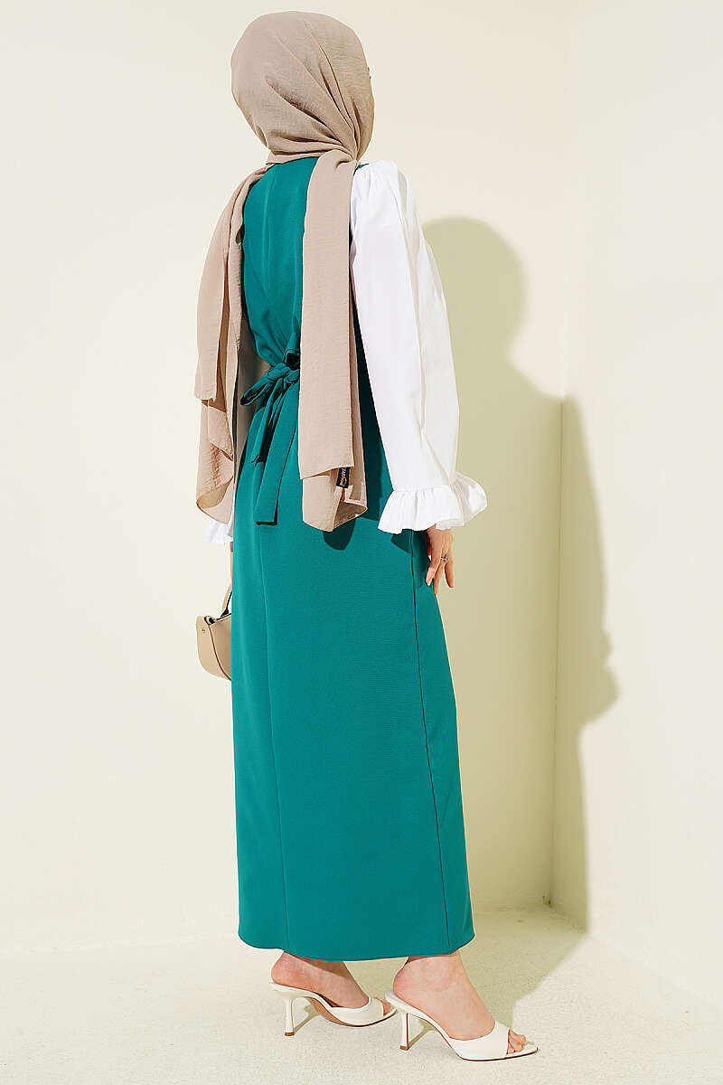 Tie-Waist Dress with Sleeve Trim - Green