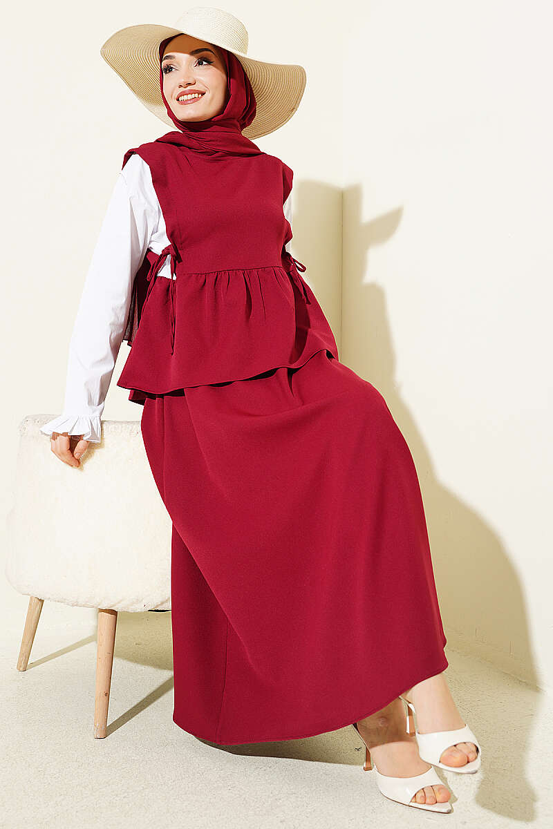 Skirt Set with Sleeve Trim and Side Ties - Burgundy