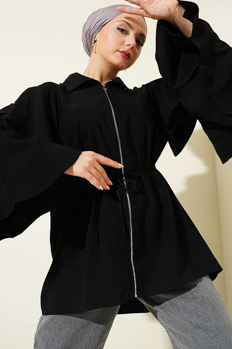 Tencel Zip-Up Jacket with Layered Sleeves - Black