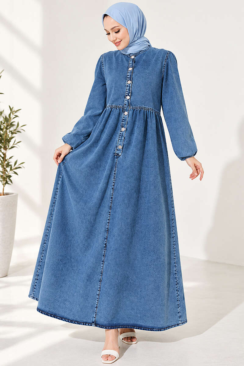 Denim Dress with Metal Buttons and Elastic Cuffs - Denim Blue