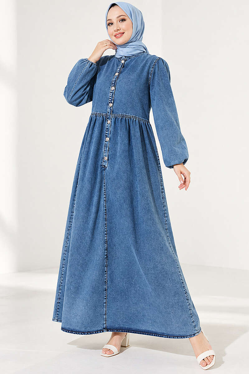 Denim Dress with Metal Buttons and Elastic Cuffs - Denim Blue