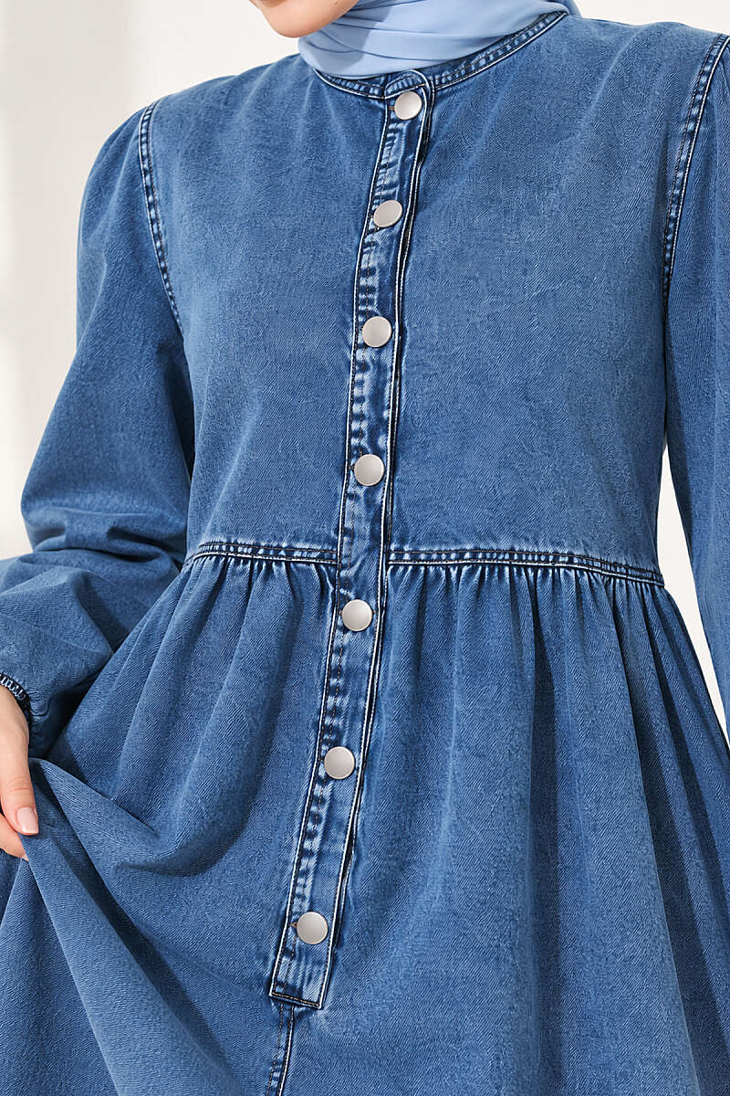 Denim Dress with Metal Buttons and Elastic Cuffs - Denim Blue