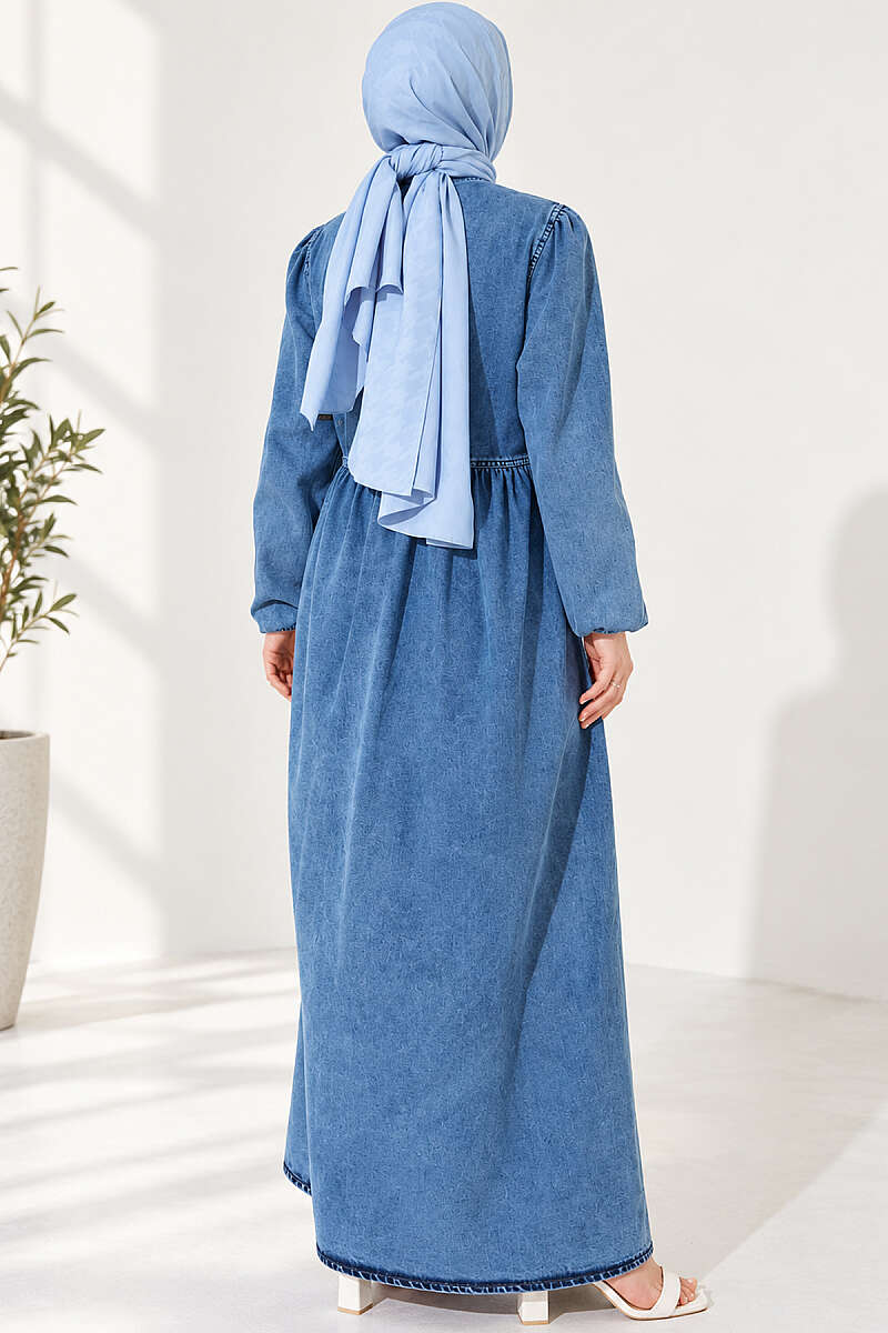 Denim Dress with Metal Buttons and Elastic Cuffs - Denim Blue