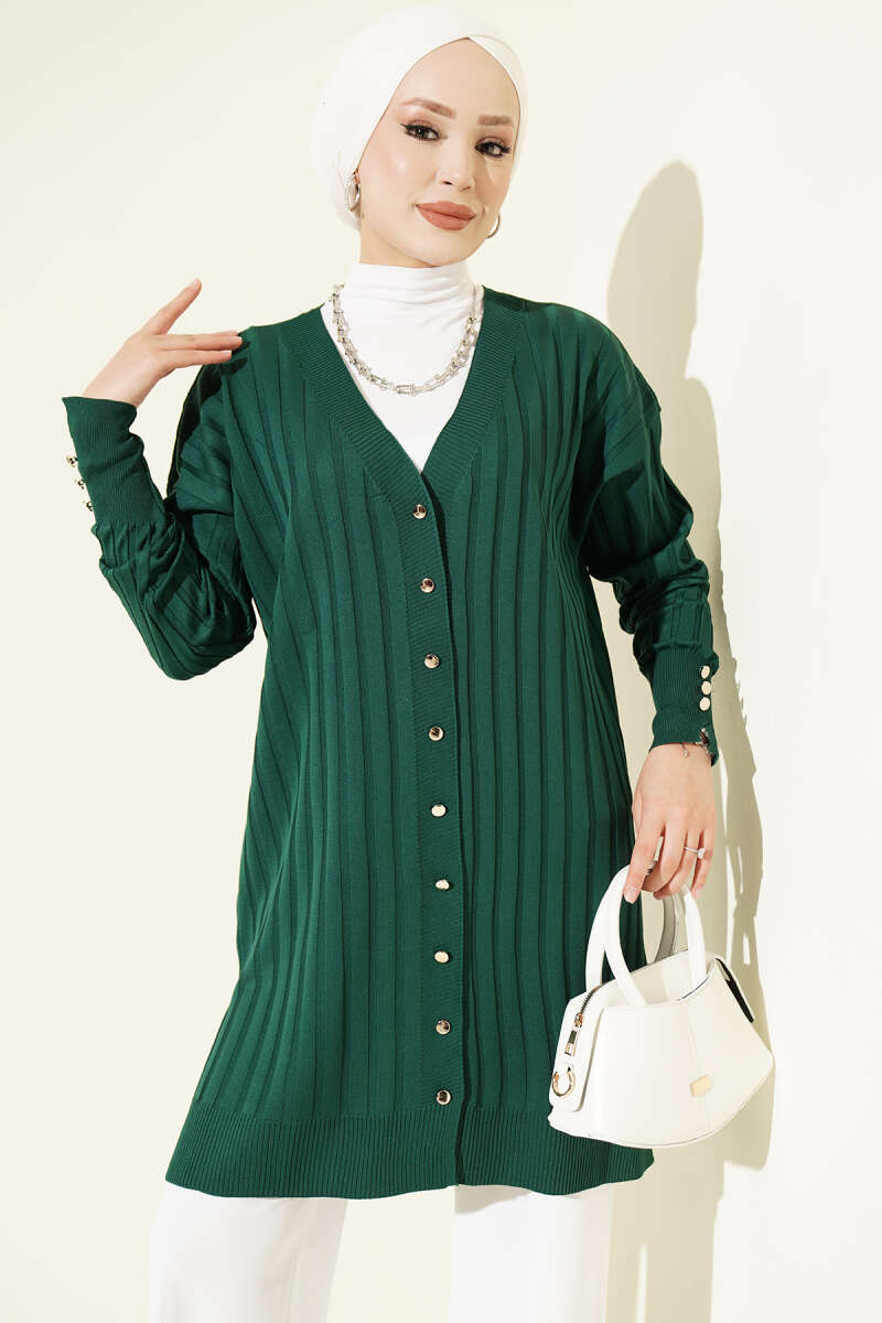 Ribbed Mercerised Cardigan with Buttoned Cuffs - Emerald