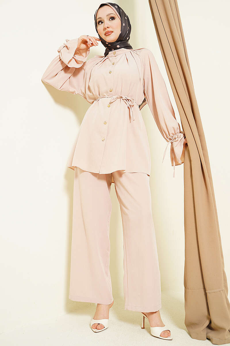 Two-Piece Set with Rose Cuff Detail - Beige