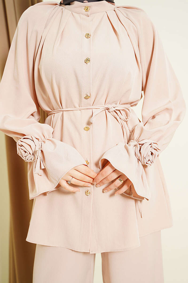 Two-Piece Set with Rose Cuff Detail - Beige