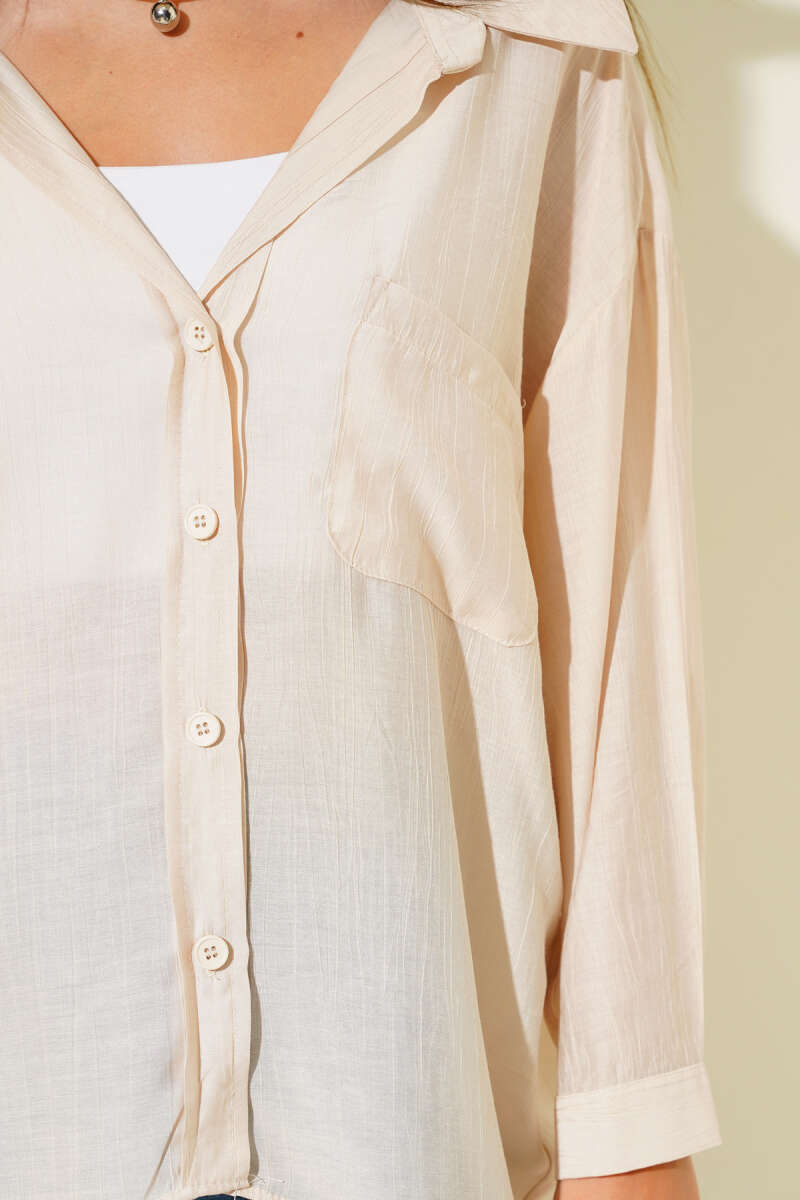 Basic Shirt with Cuffed Sleeves - Beige