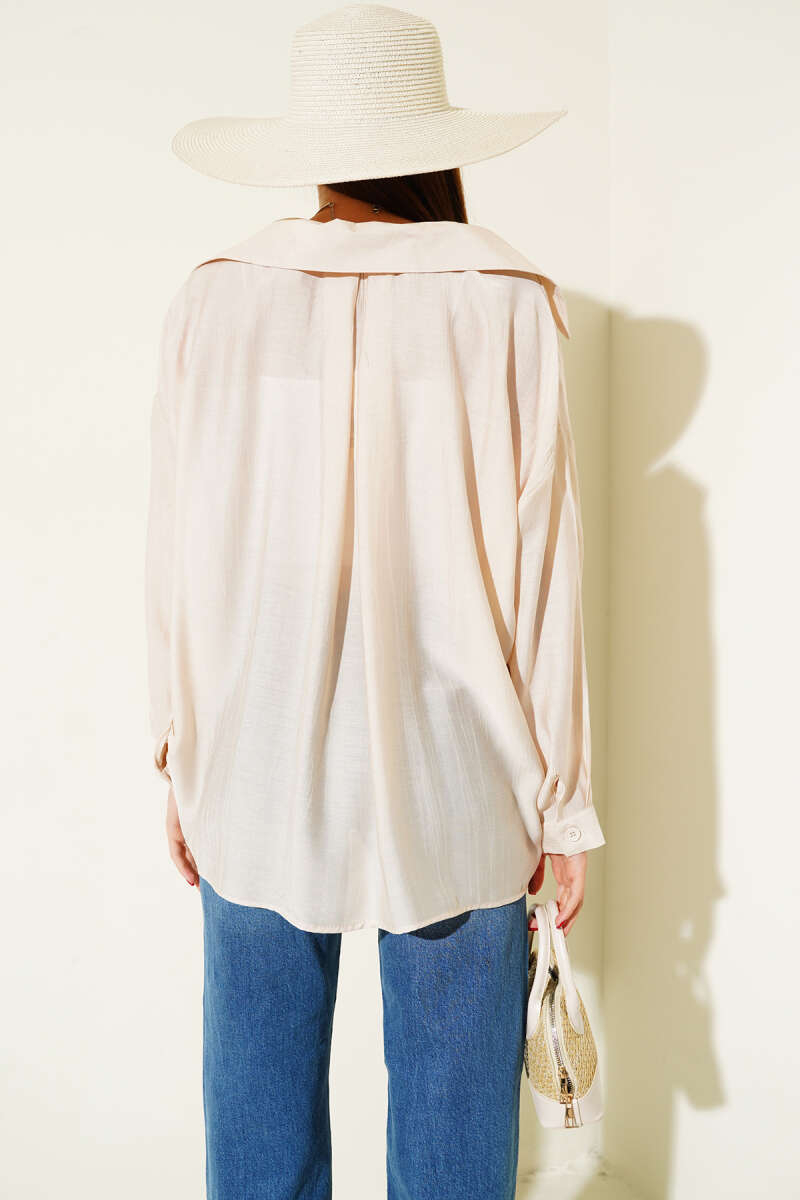 Basic Shirt with Cuffed Sleeves - Beige