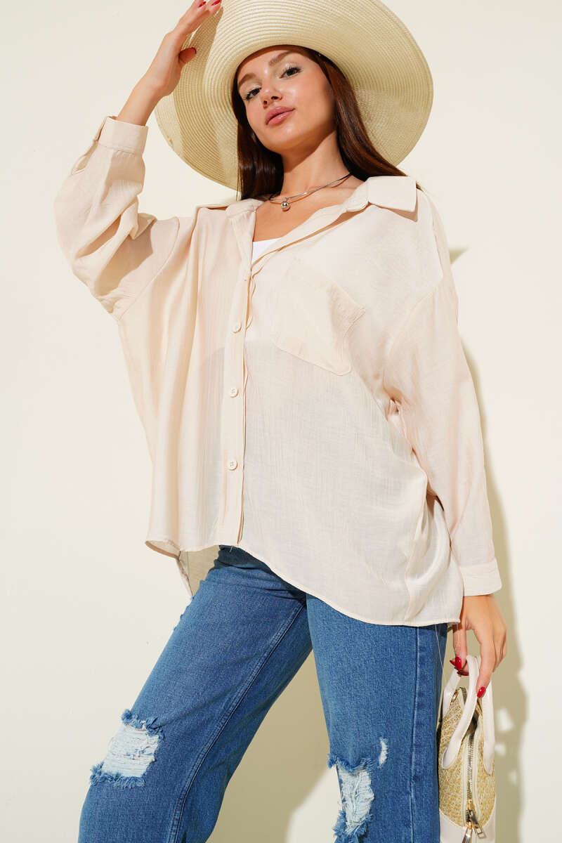 Basic Shirt with Cuffed Sleeves - Beige