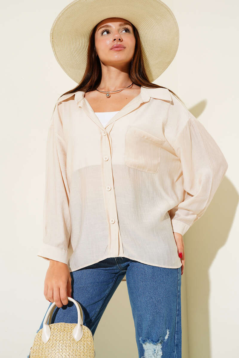 Basic Shirt with Cuffed Sleeves - Beige
