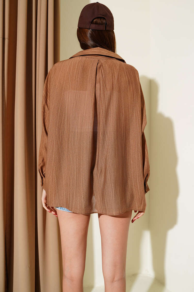 Basic Shirt with Cuffed Sleeves - Brown