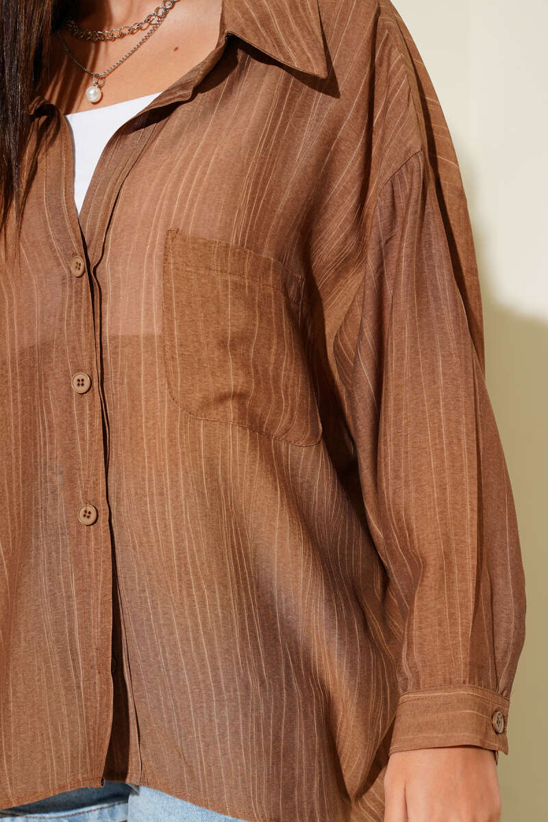 Basic Shirt with Cuffed Sleeves - Brown