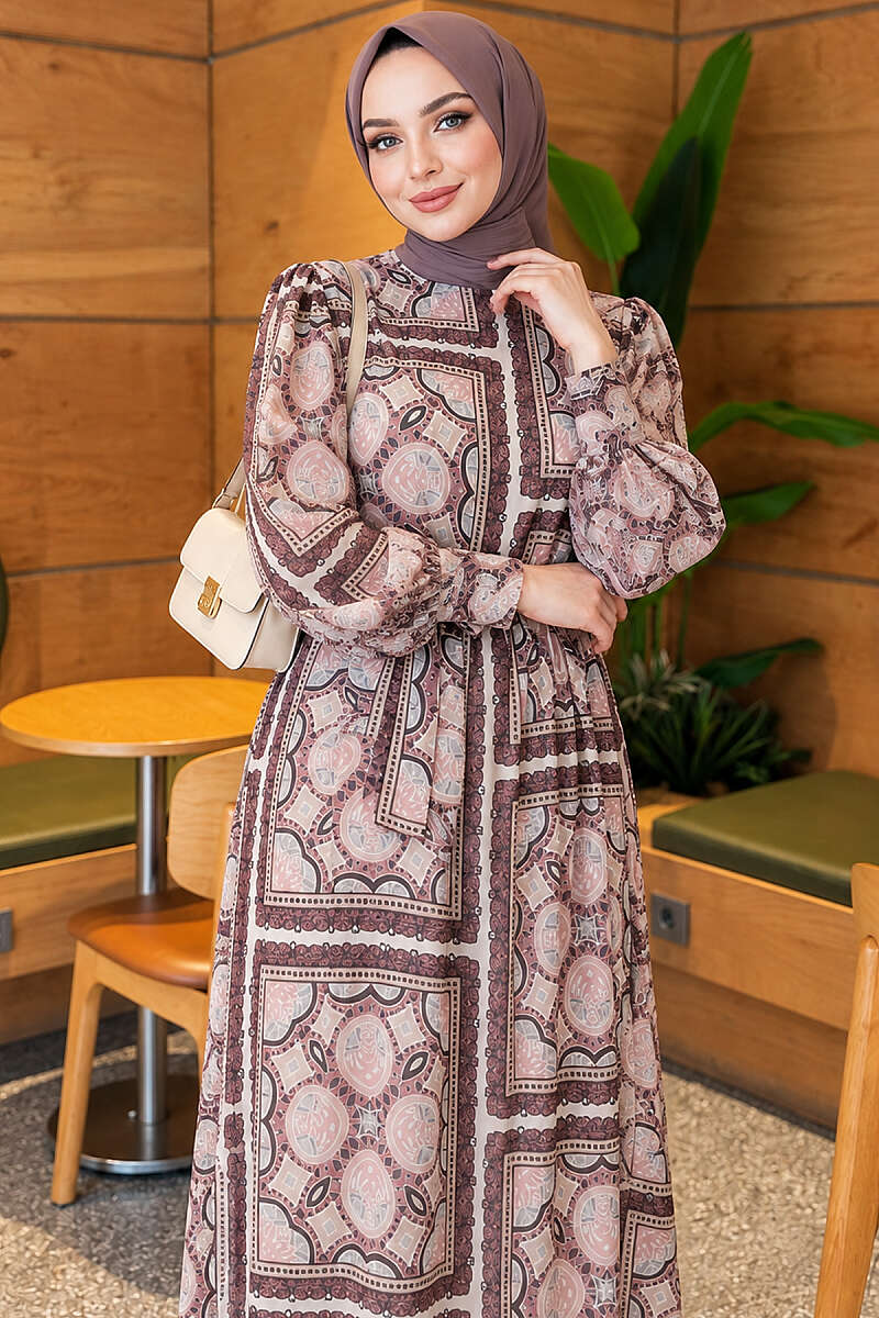 Patterned Chiffon Dress with Cuffed Sleeves - Dusty Rose