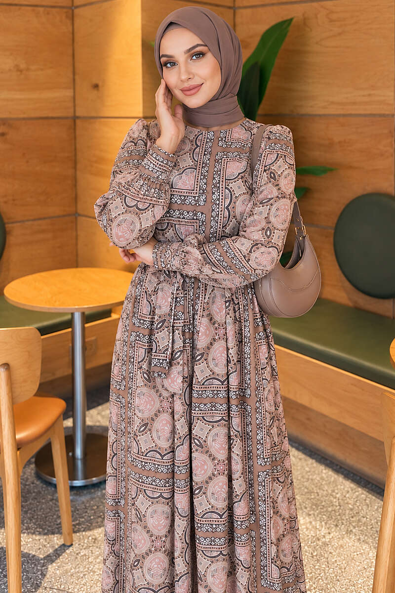 Patterned Chiffon Dress with Cuffed Sleeves - Khaki