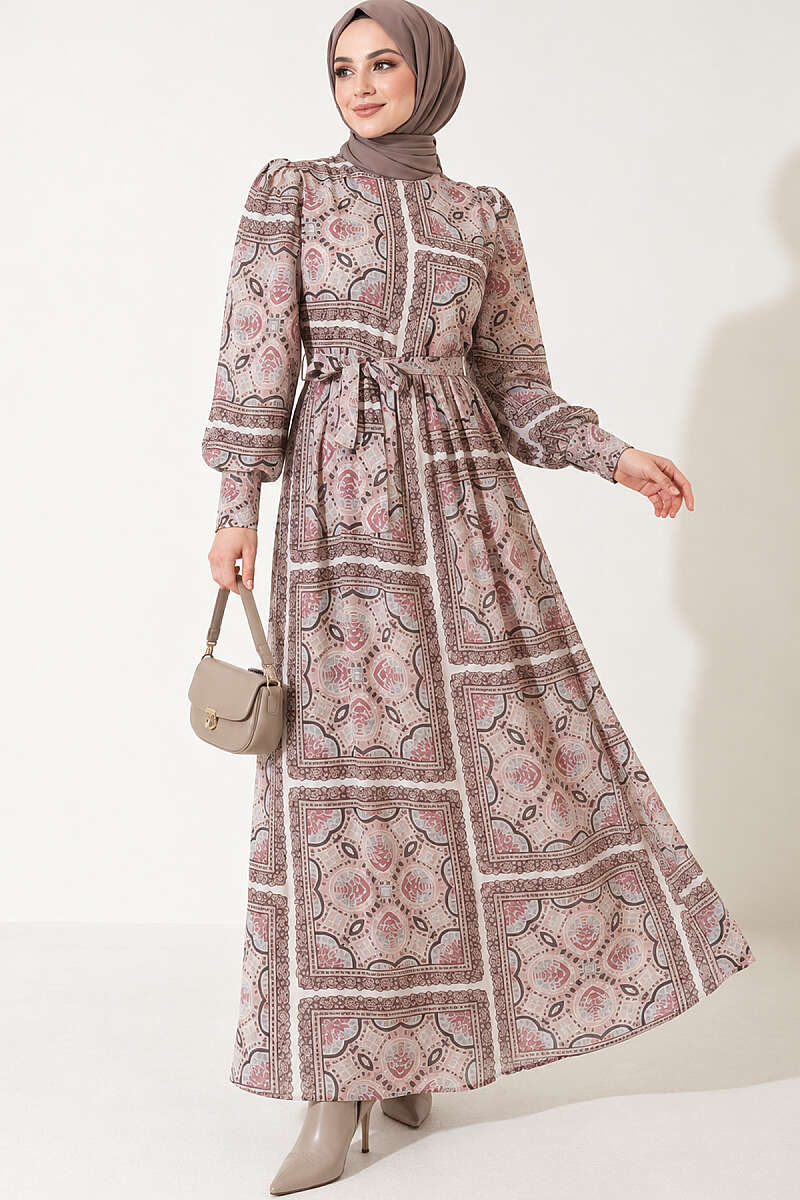 Patterned Chiffon Dress with Cuffed Sleeves - Powder