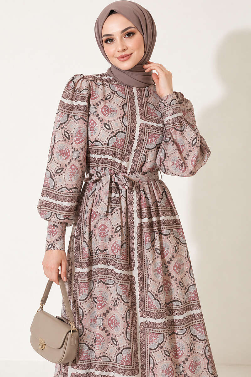 Patterned Chiffon Dress with Cuffed Sleeves - Powder