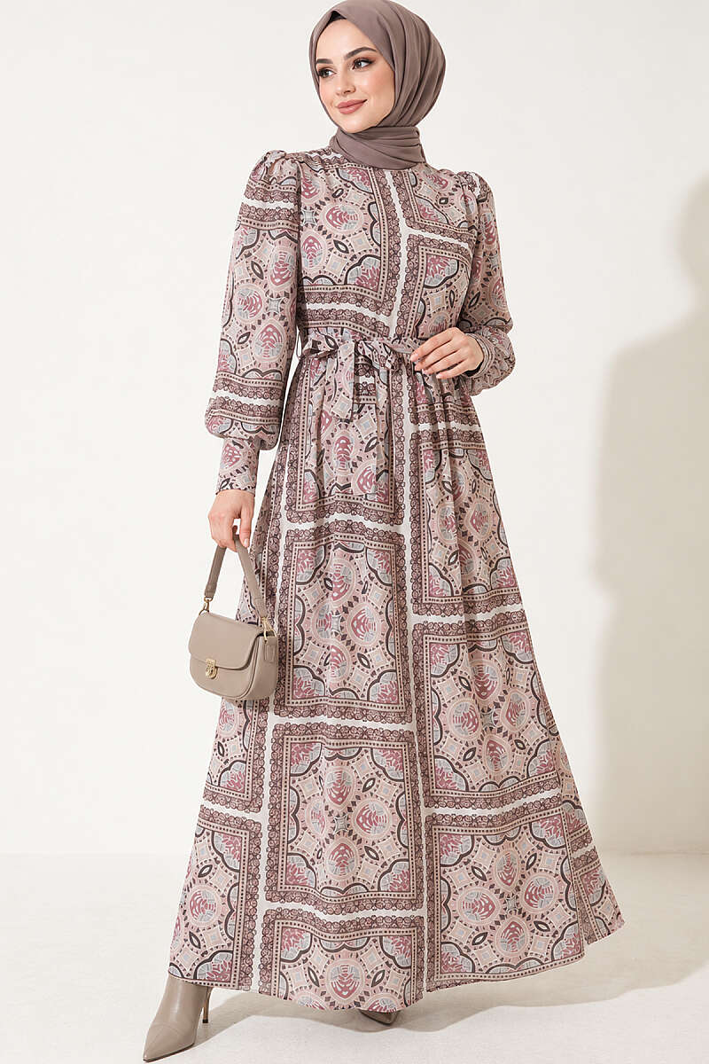 Patterned Chiffon Dress with Cuffed Sleeves - Powder