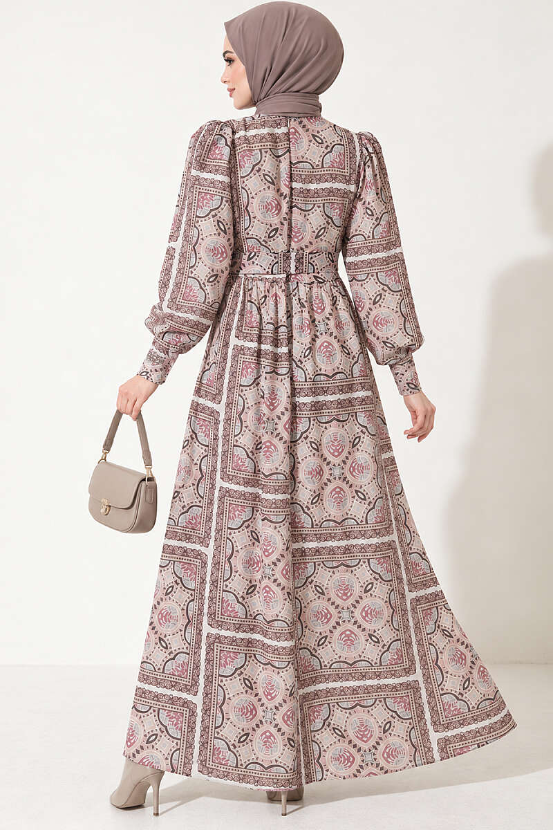 Patterned Chiffon Dress with Cuffed Sleeves - Powder