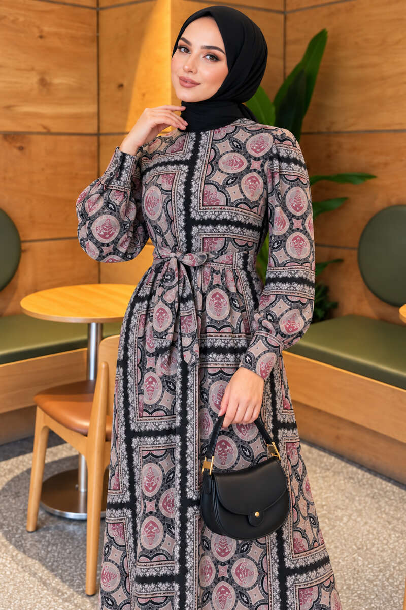 Patterned Chiffon Dress with Cuffed Sleeves - Black