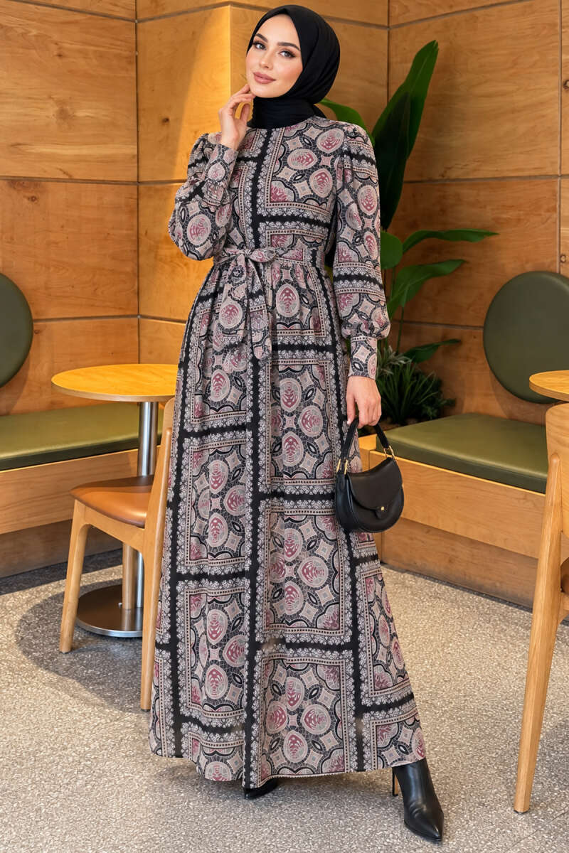 Patterned Chiffon Dress with Cuffed Sleeves - Black