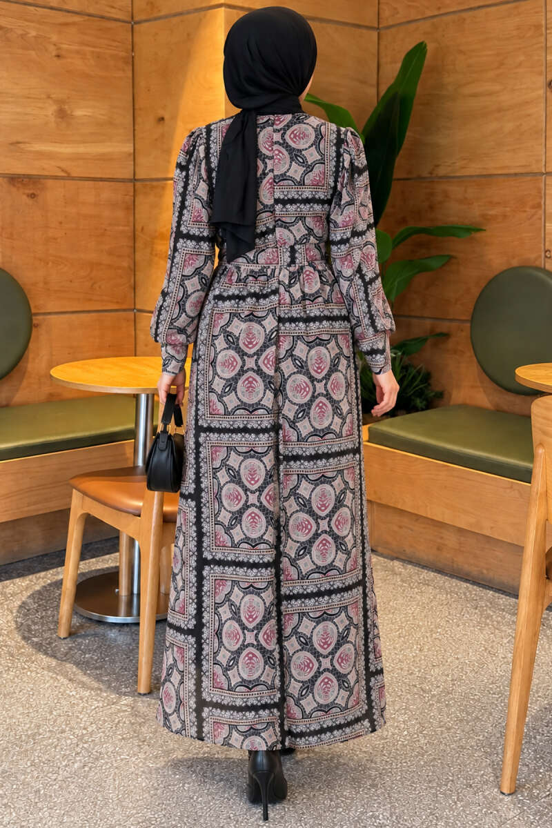 Patterned Chiffon Dress with Cuffed Sleeves - Black