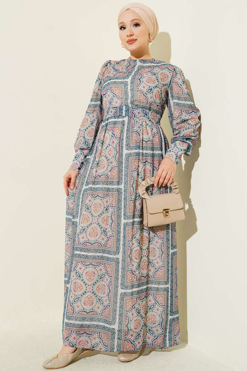 Patterned Chiffon Dress with Cuffed Sleeves - Green