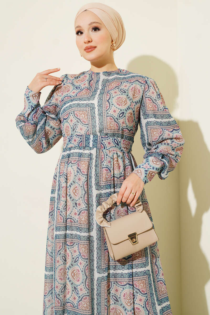 Patterned Chiffon Dress with Cuffed Sleeves - Green