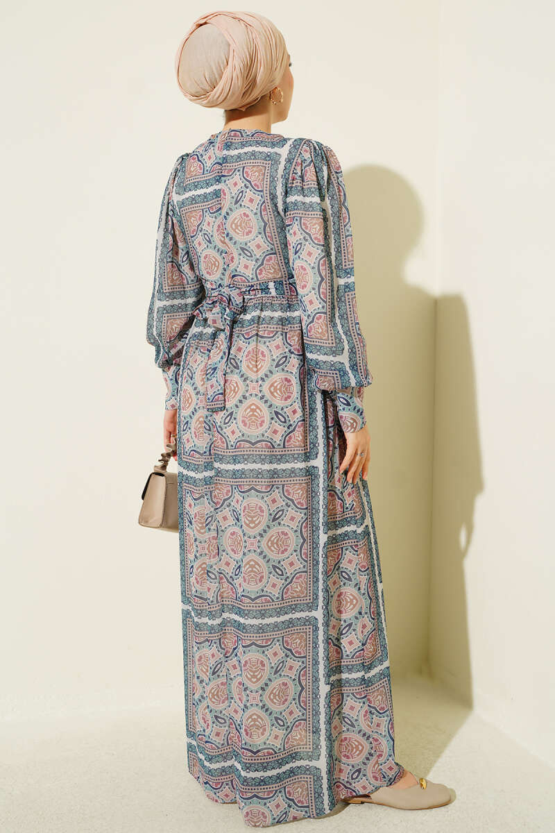 Patterned Chiffon Dress with Cuffed Sleeves - Green