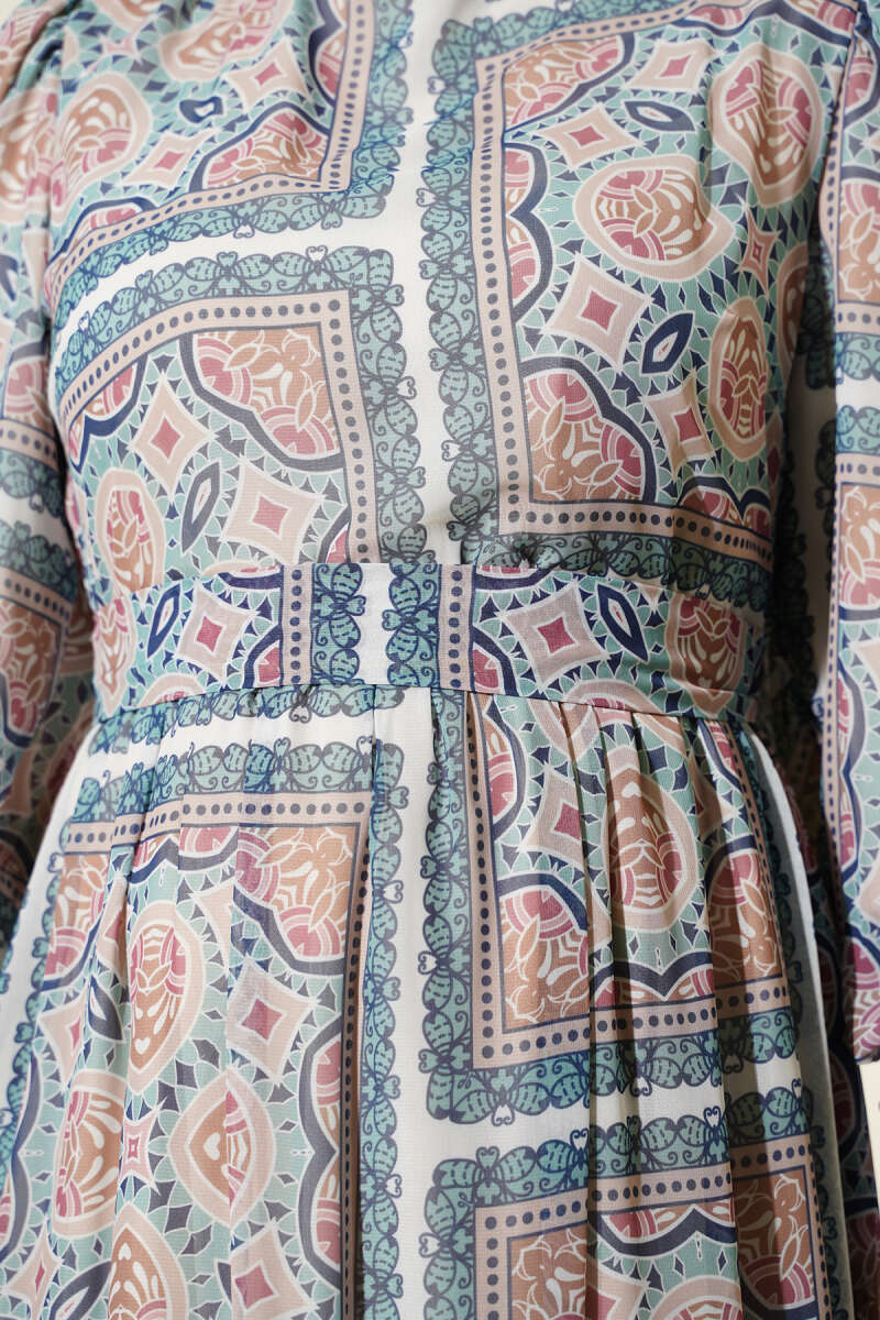 Patterned Chiffon Dress with Cuffed Sleeves - Green
