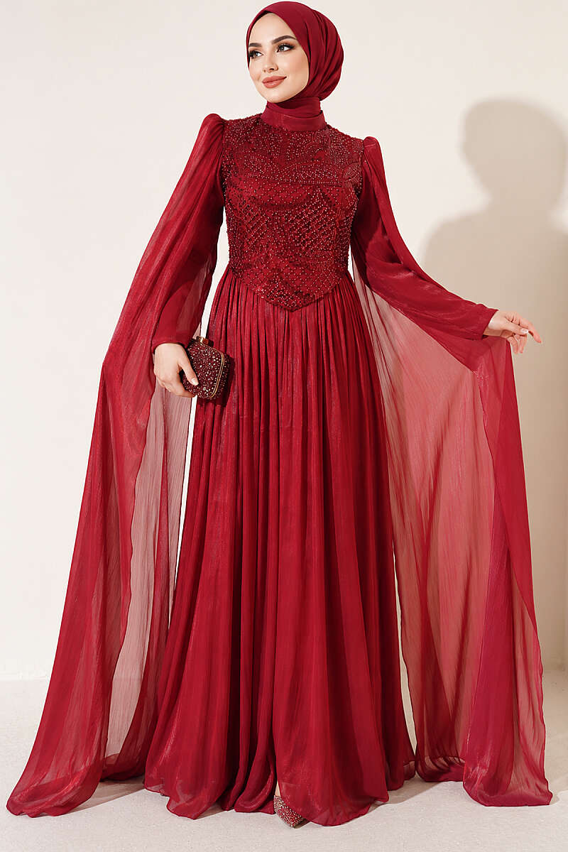 Stone-Embellished Evening Dress with Cape Sleeves - Burgundy