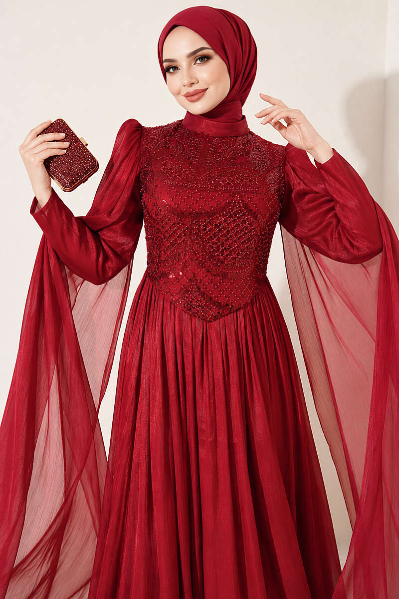Stone-Embellished Evening Dress with Cape Sleeves - Burgundy