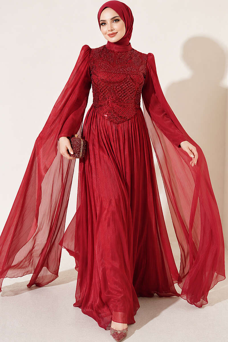 Stone-Embellished Evening Dress with Cape Sleeves - Burgundy