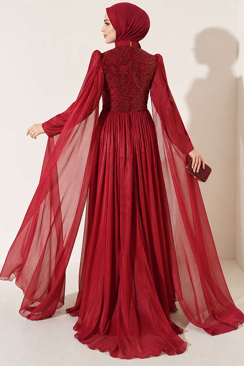 Stone-Embellished Evening Dress with Cape Sleeves - Burgundy