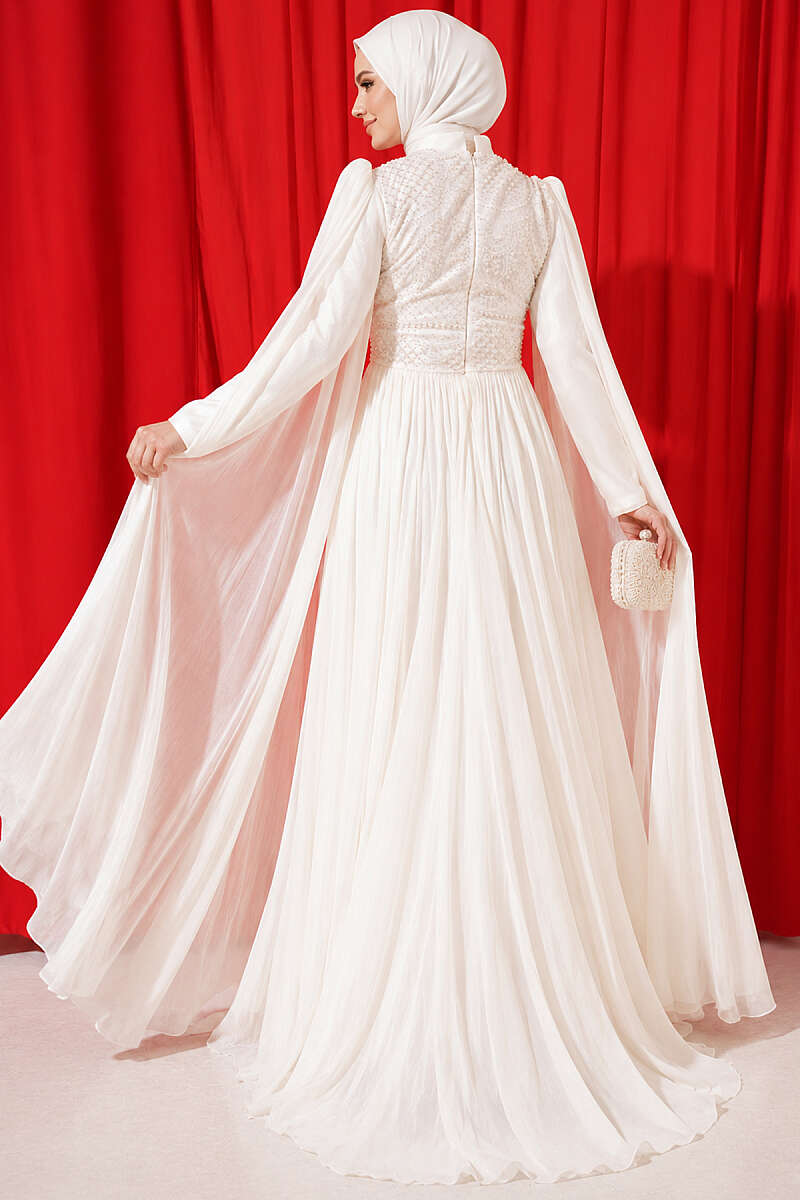 Stone-Embellished Evening Dress with Cape Sleeves - Ecru
