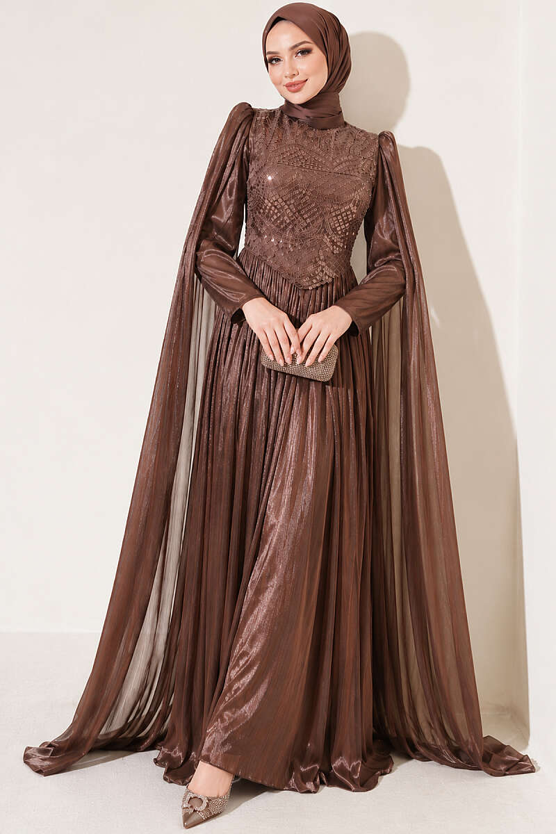 Stone-Embellished Evening Dress with Cape Sleeves - Brown