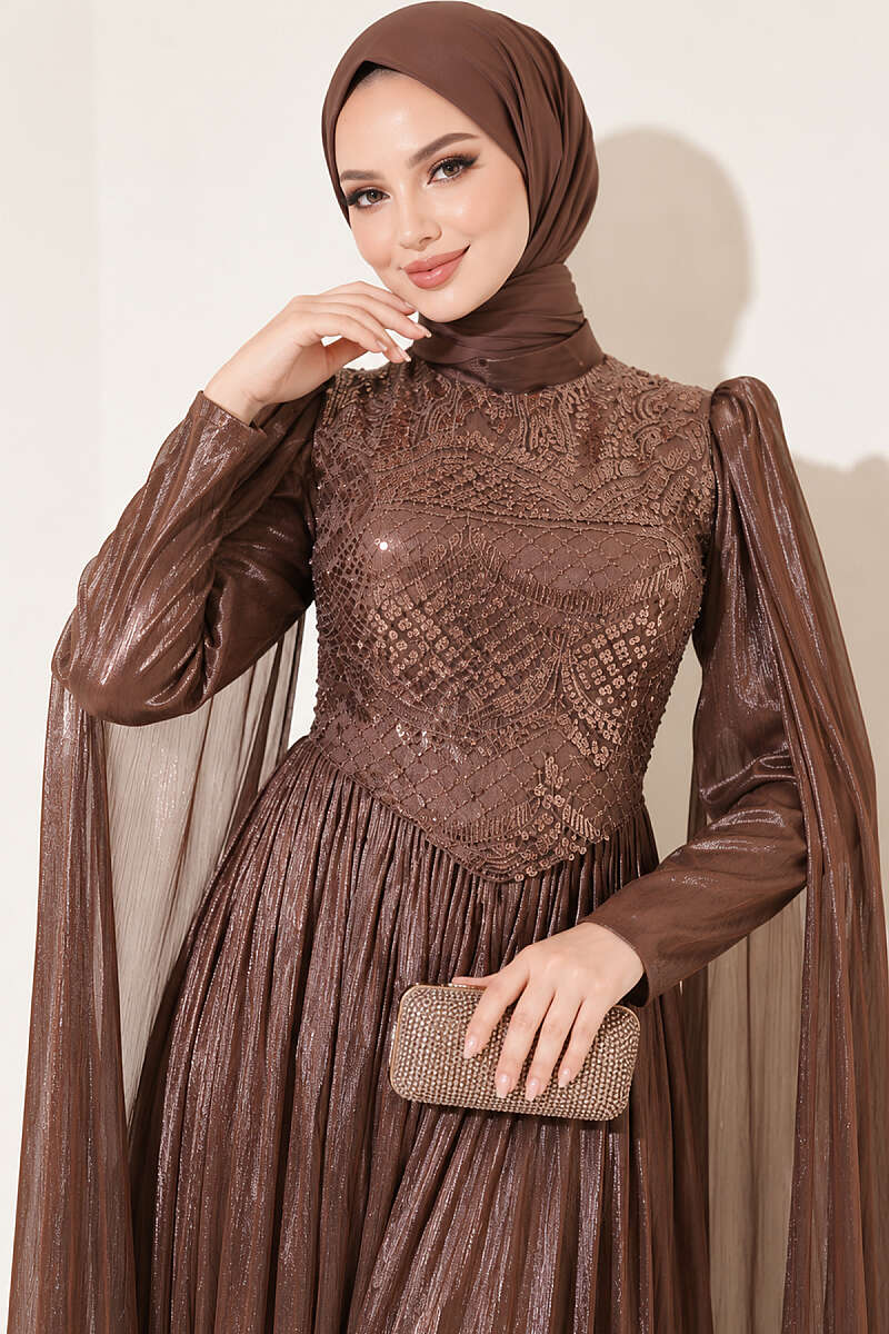 Stone-Embellished Evening Dress with Cape Sleeves - Brown