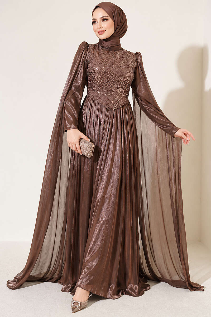 Stone-Embellished Evening Dress with Cape Sleeves - Brown