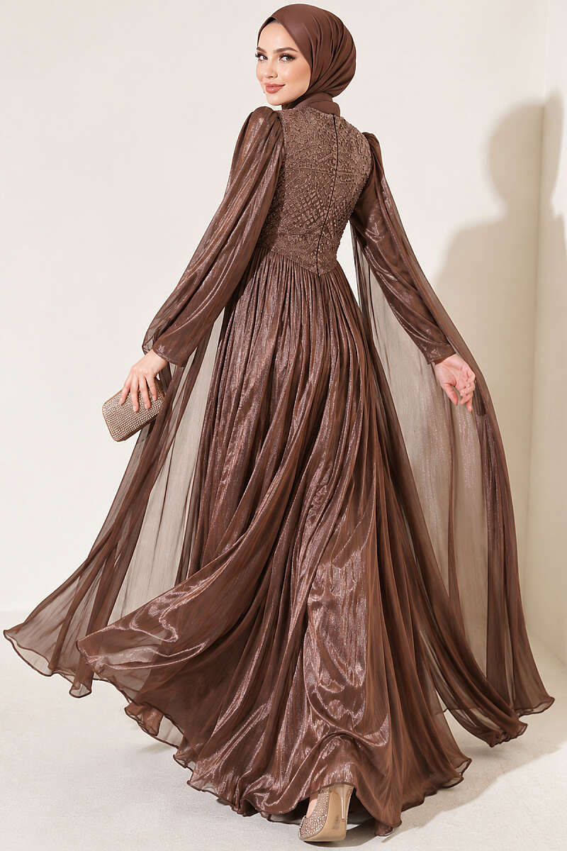 Stone-Embellished Evening Dress with Cape Sleeves - Brown