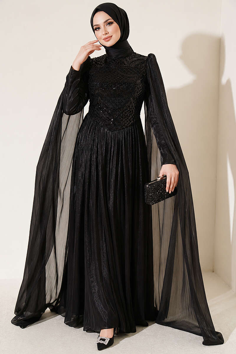 Stone-Embellished Evening Dress with Cape Sleeves - Black