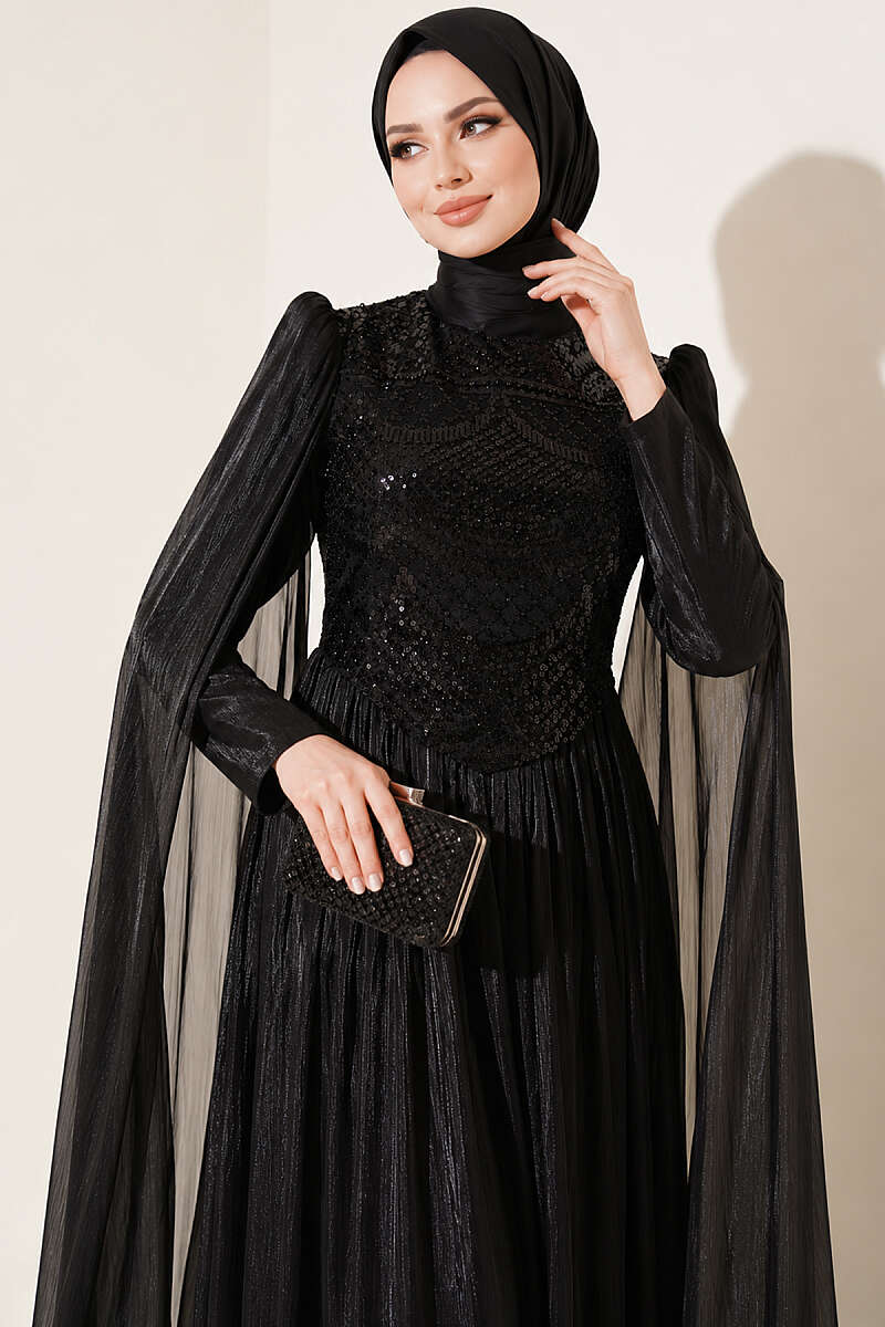 Stone-Embellished Evening Dress with Cape Sleeves - Black