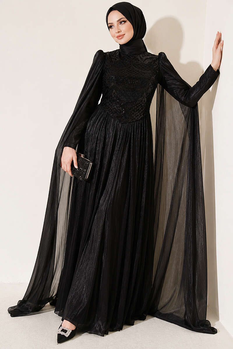 Stone-Embellished Evening Dress with Cape Sleeves - Black