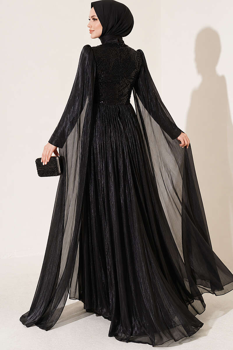 Stone-Embellished Evening Dress with Cape Sleeves - Black