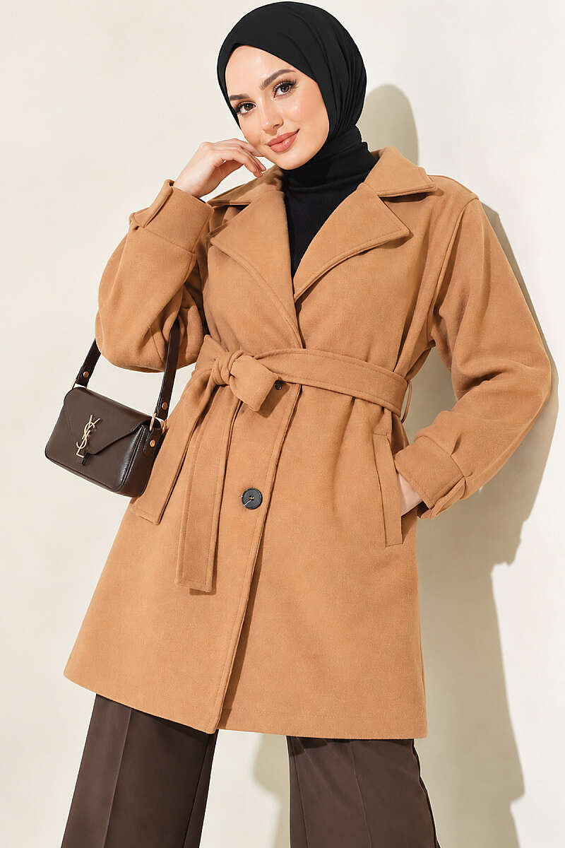 Belted Felt Coat with Sleeve Darts - Camel