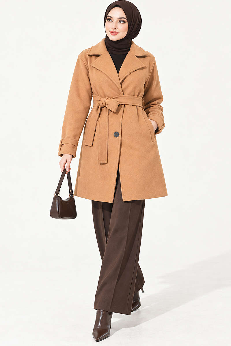 Belted Felt Coat with Sleeve Darts - Camel