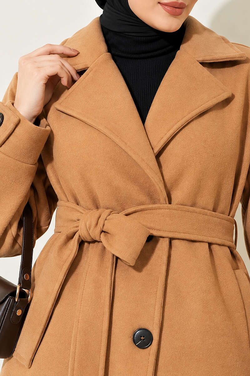 Belted Felt Coat with Sleeve Darts - Camel