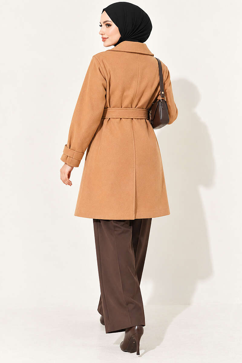 Belted Felt Coat with Sleeve Darts - Camel