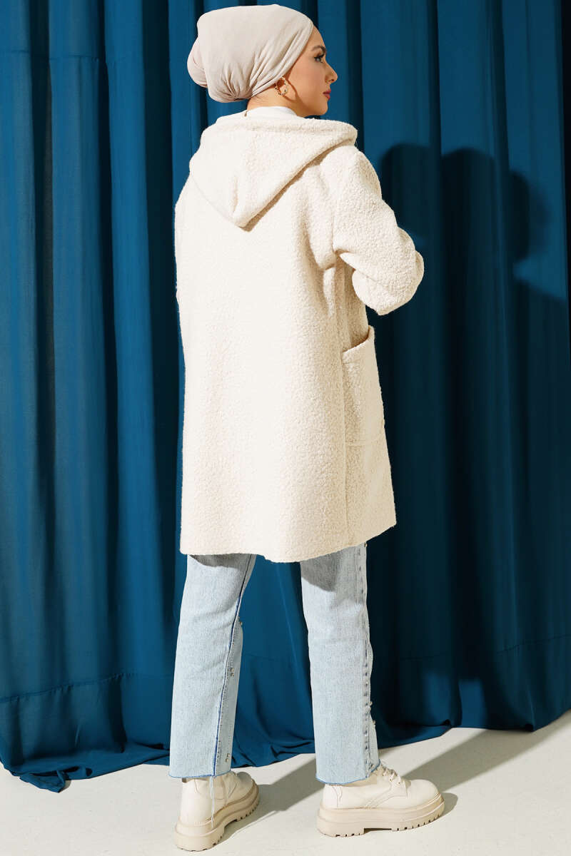 Hooded Bouclé Cape with Ribbed Cuffs - Beige