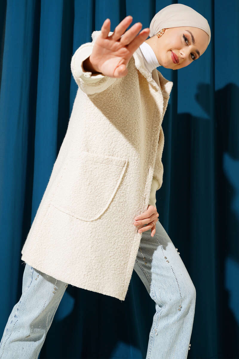 Hooded Bouclé Cape with Ribbed Cuffs - Beige