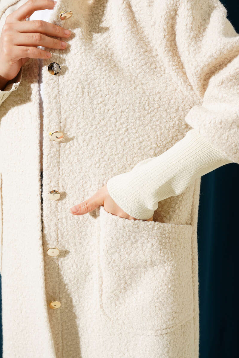 Hooded Bouclé Cape with Ribbed Cuffs - Beige